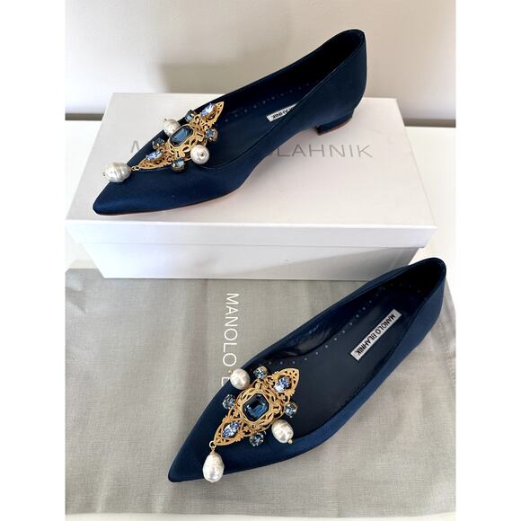 New Manolo Blahnik Ballet Flats Gala Blue Satin Pearls Crystal Embelishment 37 - Picture 4 of 7